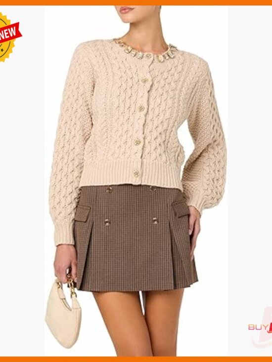 Sweaters - Cable Knit Cardigan with Balloon Sleeves and Jeweled Buttons